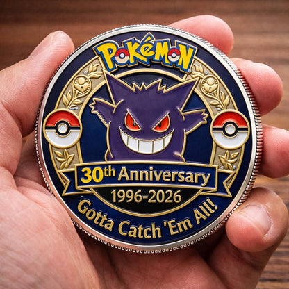 Poke 30th Anniversary Gengar 2 Collector Edition Printed Coin With Pocket Hug Leather Keychain