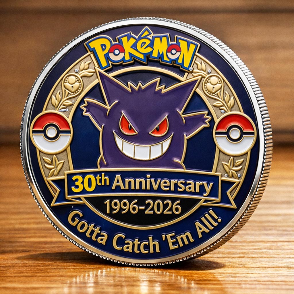 Poke 30th Anniversary Gengar 2 Collector Edition Printed Coin With Pocket Hug Leather Keychain